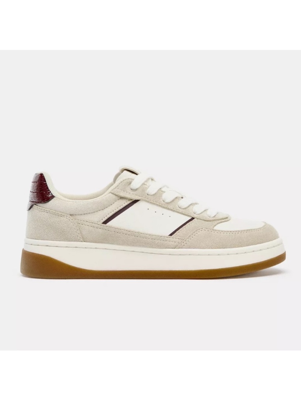 Zara Cream Suede and Leather Sneakers with Burgundy Heel